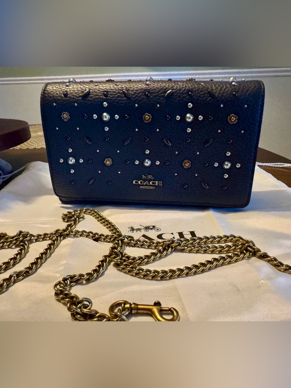 Coach 1941 stamped Callie foldover chain clutch Navy